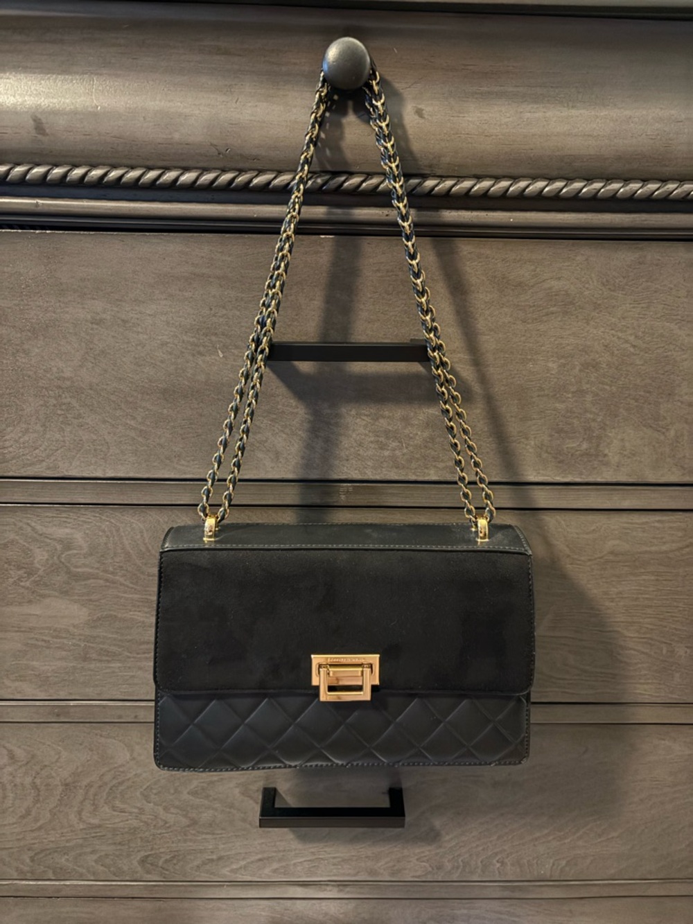 Charles & Keith Black Quilted and Suede-Effect Chain Shoulder Bag